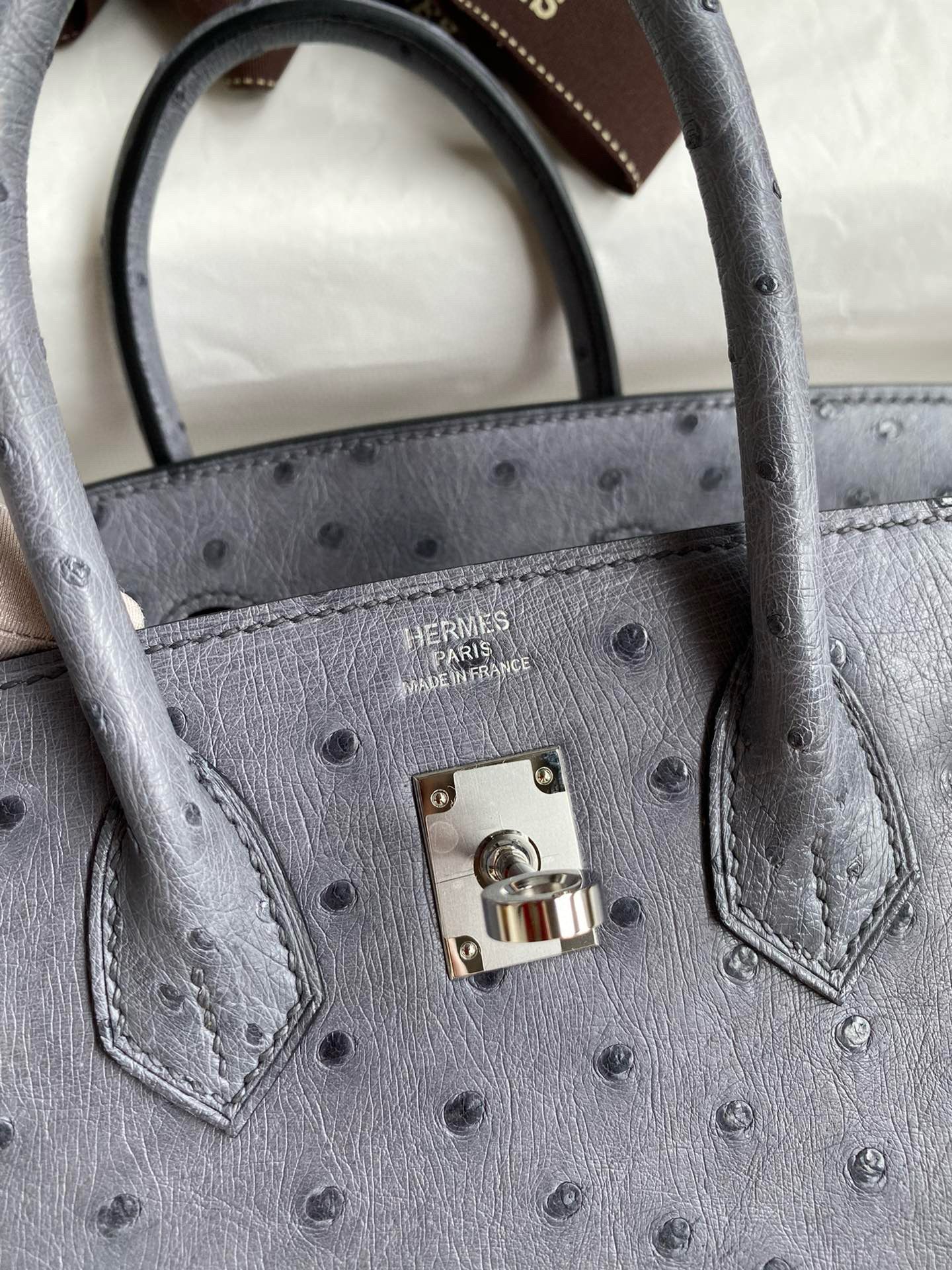 Hermes Birkin 25 Retourne Handmade Bag in Gris Agate Ostrich Leather - Image 7