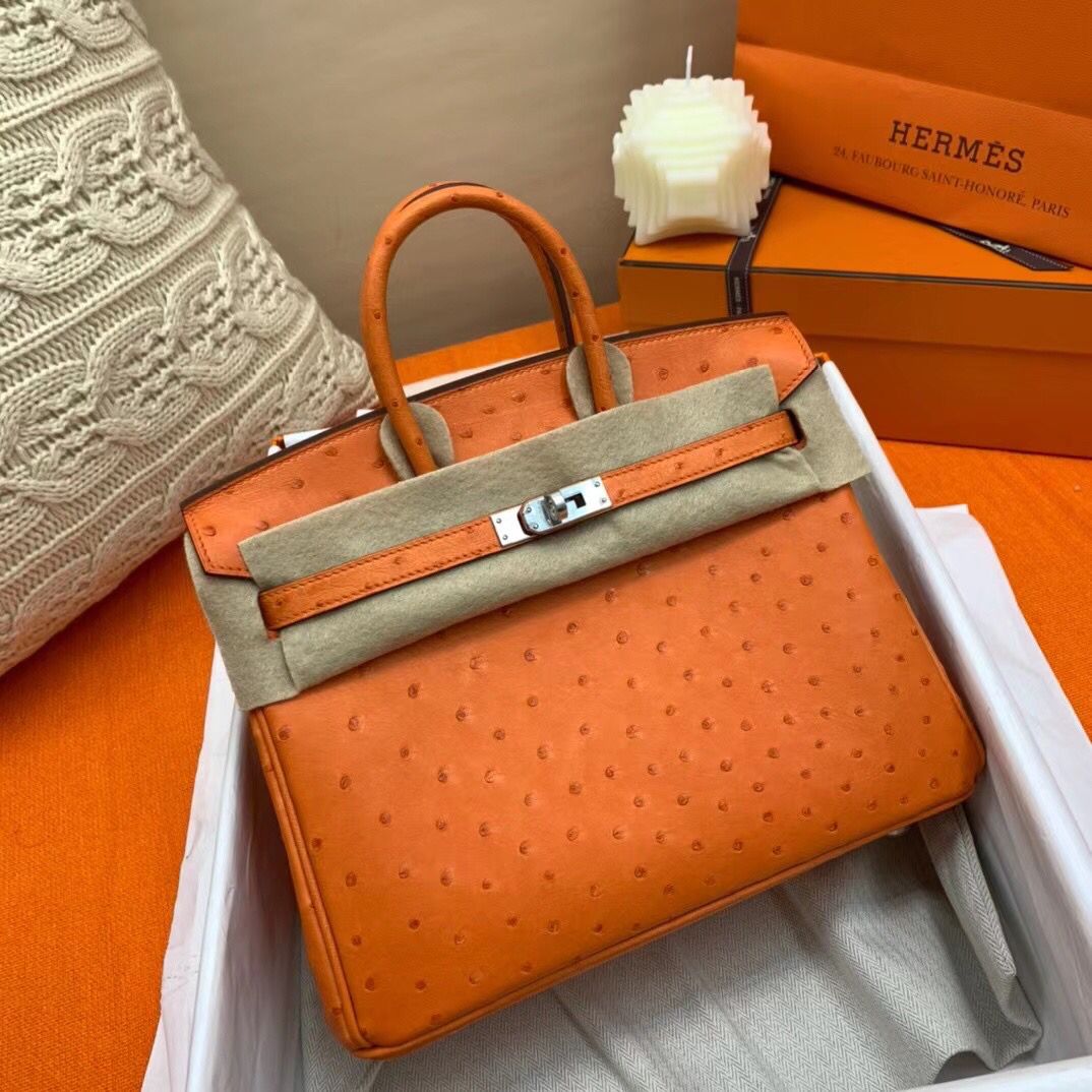 Hermes Birkin 25 Handmade Bag In Orange Ostrich Leather - Image 3