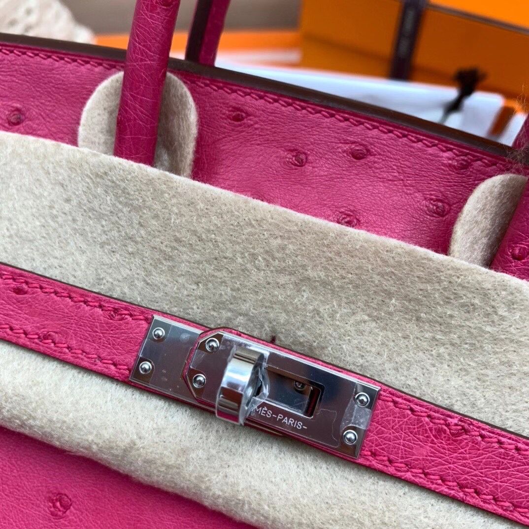 Hermes Birkin 25 Handmade Bag In Rose Red Ostrich Leather - Image 7