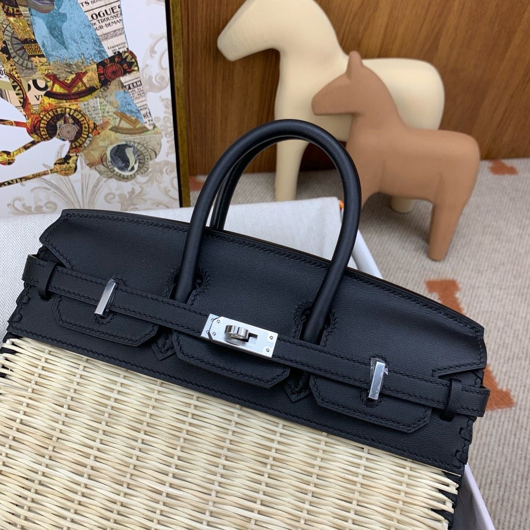 Hermes Picnic Birkin 25 Bag in Wicker with Black Swift Calfskin - Image 5