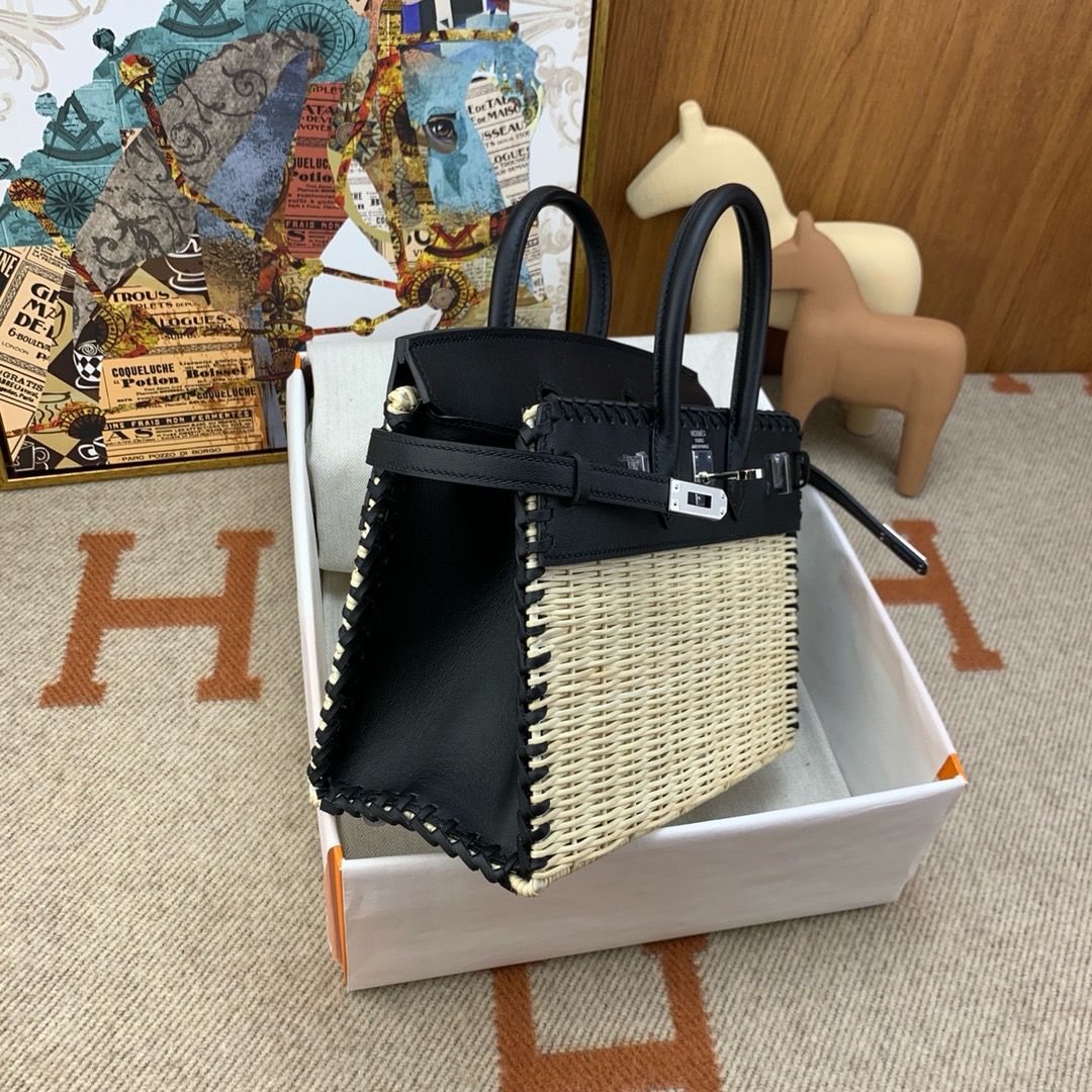 Hermes Picnic Birkin 25 Bag in Wicker with Black Swift Calfskin - Image 8
