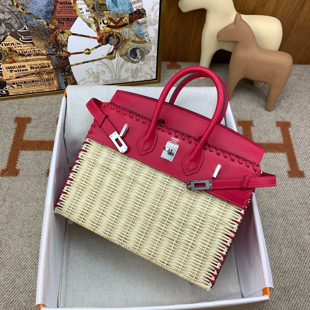 Hermes Picnic Birkin 25 Bag in Wicker with Framboise Swift Calfskin - Image 4