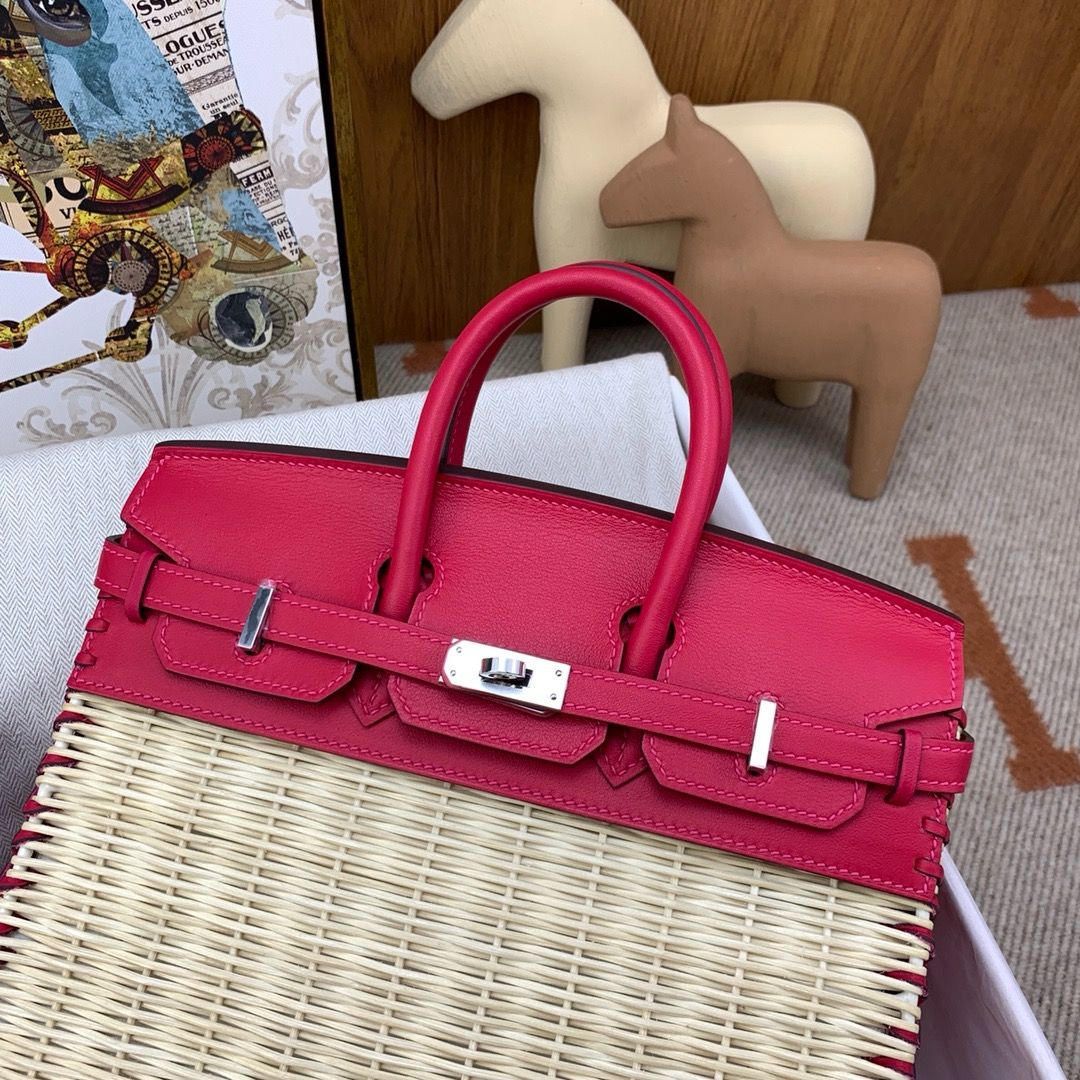 Hermes Picnic Birkin 25 Bag in Wicker with Framboise Swift Calfskin - Image 5