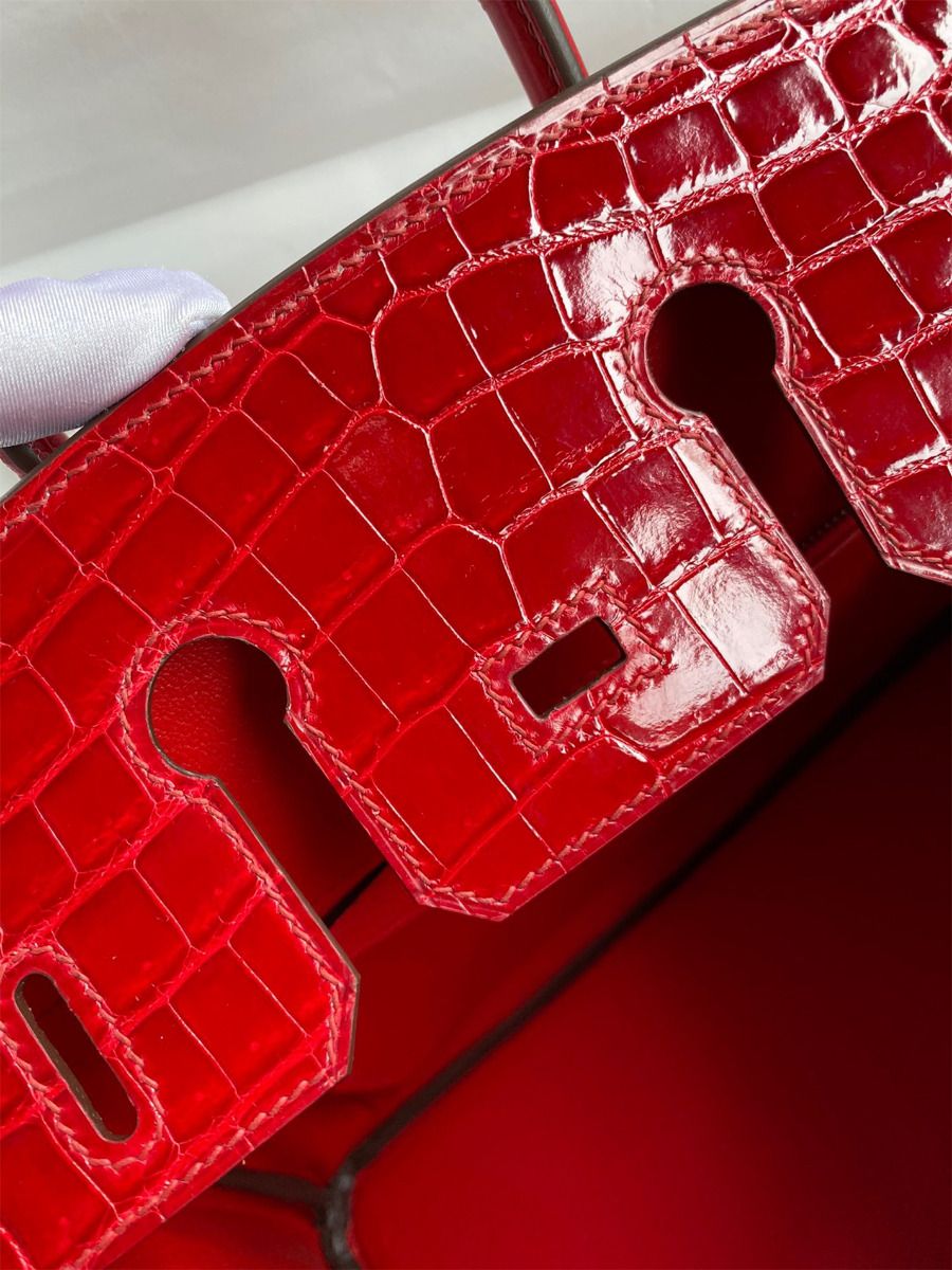 Hermes Birkin 25 Handmade Bag In Red Crocodile Porosus Shiny Skin - Image 9