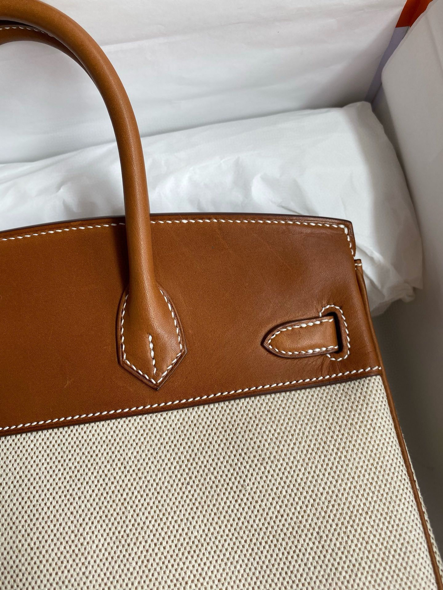 Hermes Birkin 25 Handmade Bag in Toile & Gold Barenia Calfskin - Image 5