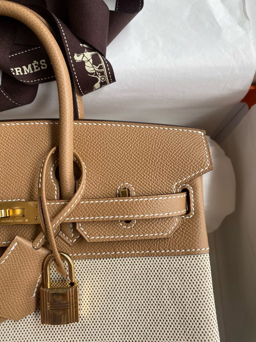 Hermes Birkin 25 Handmade Bag In Toile & Chai Epsom Leather - Image 4