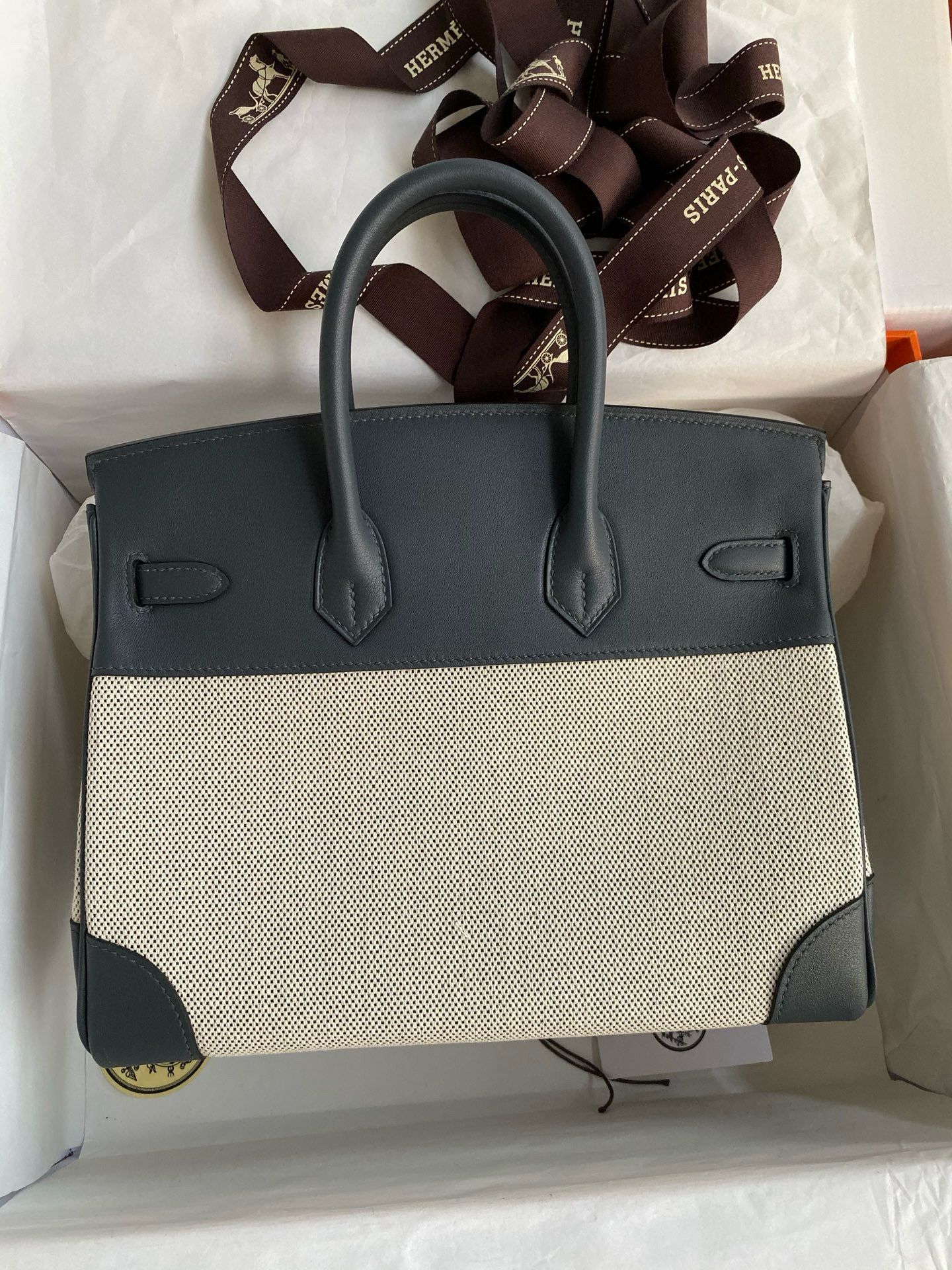 Hermes Birkin 25 Handmade Bag in Toile & Gris Misty Swift Leather - Image 3