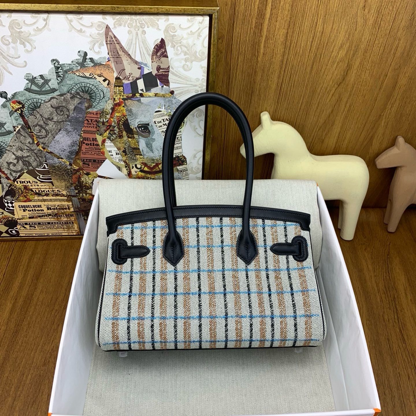 Hermes Shoulder Birkin Light 29 Bag in Toile and Black Swift Calfskin - Image 4