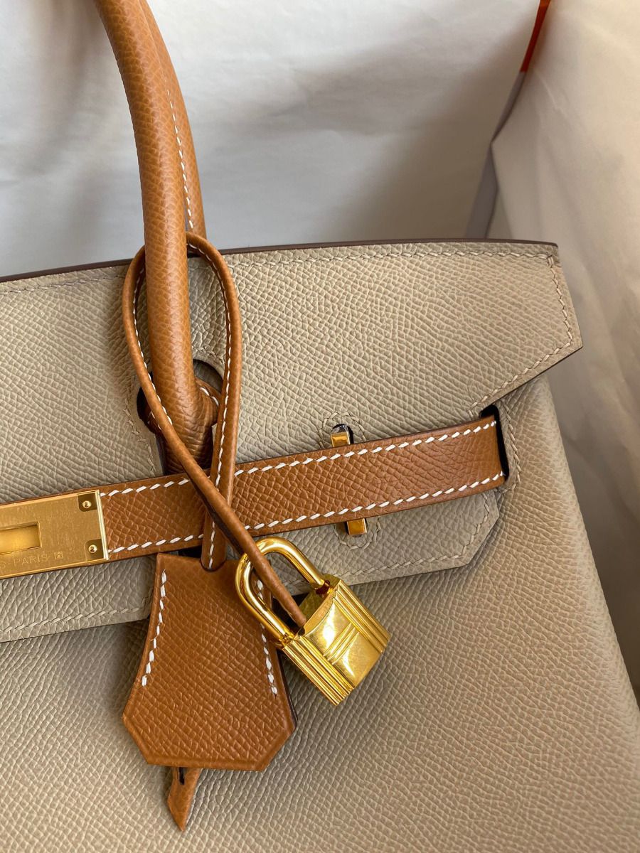 Hermes HSS Birkin 30 Bicolor Bag in Trench and Gold Epsom Calfskin - Image 4