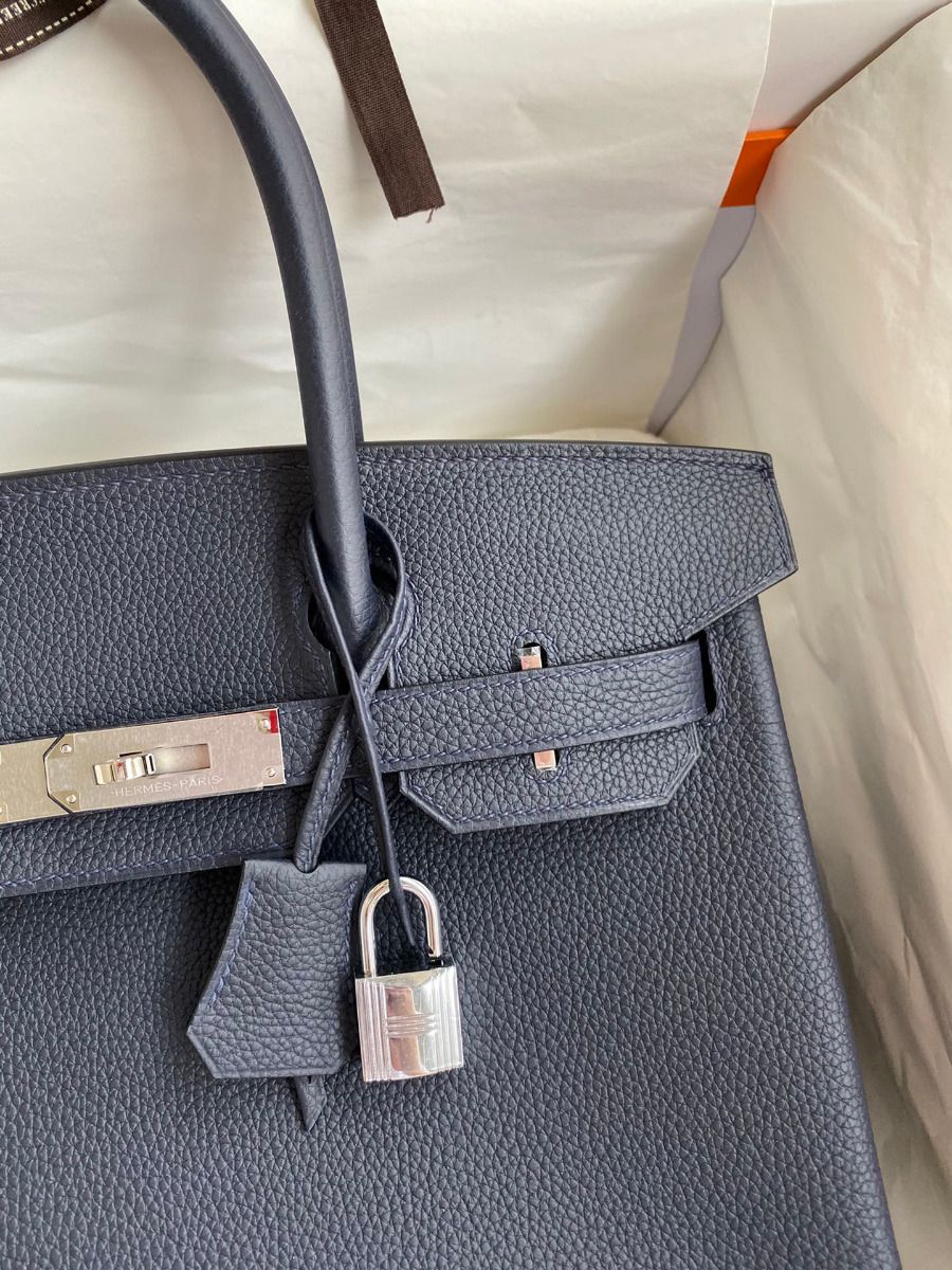 Hermes Birkin 30 Retourne Handmade Bag In Blue Nuit Clemence Leather - Image 4