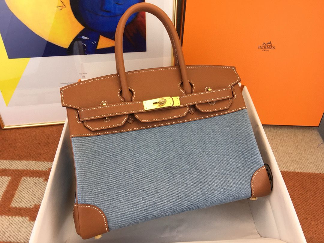 Hermes Birkin 30 Handmade Bag in Denim & Gold Swift Leather - Image 4