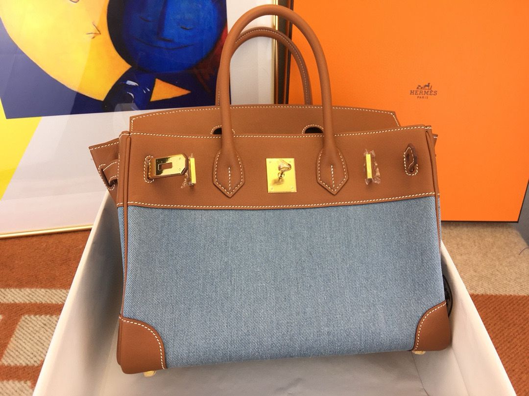 Hermes Birkin 30 Handmade Bag in Denim & Gold Swift Leather - Image 6