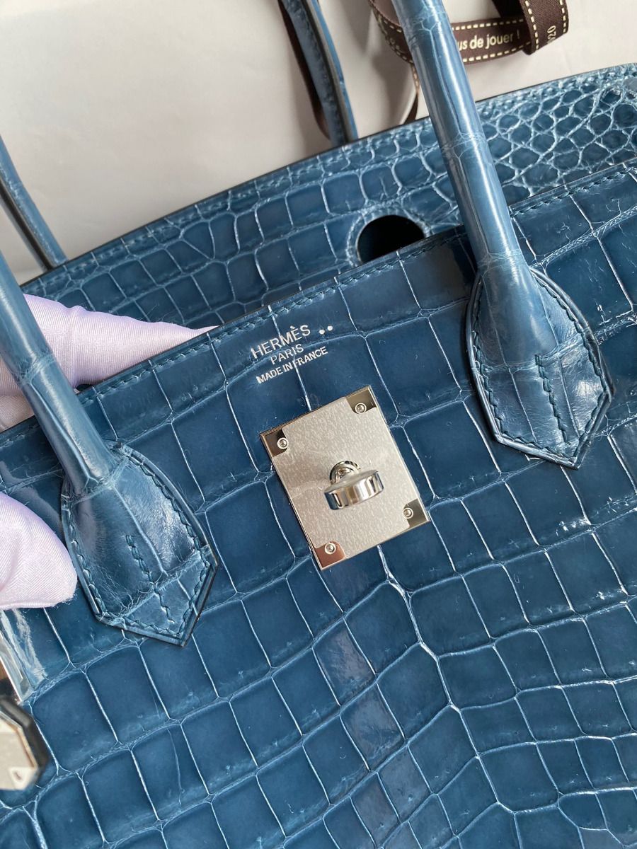 Hermes Birkin 30 Handmade Bag In Blue Tempete Crocodile Niloticus Shiny Skin - Image 8