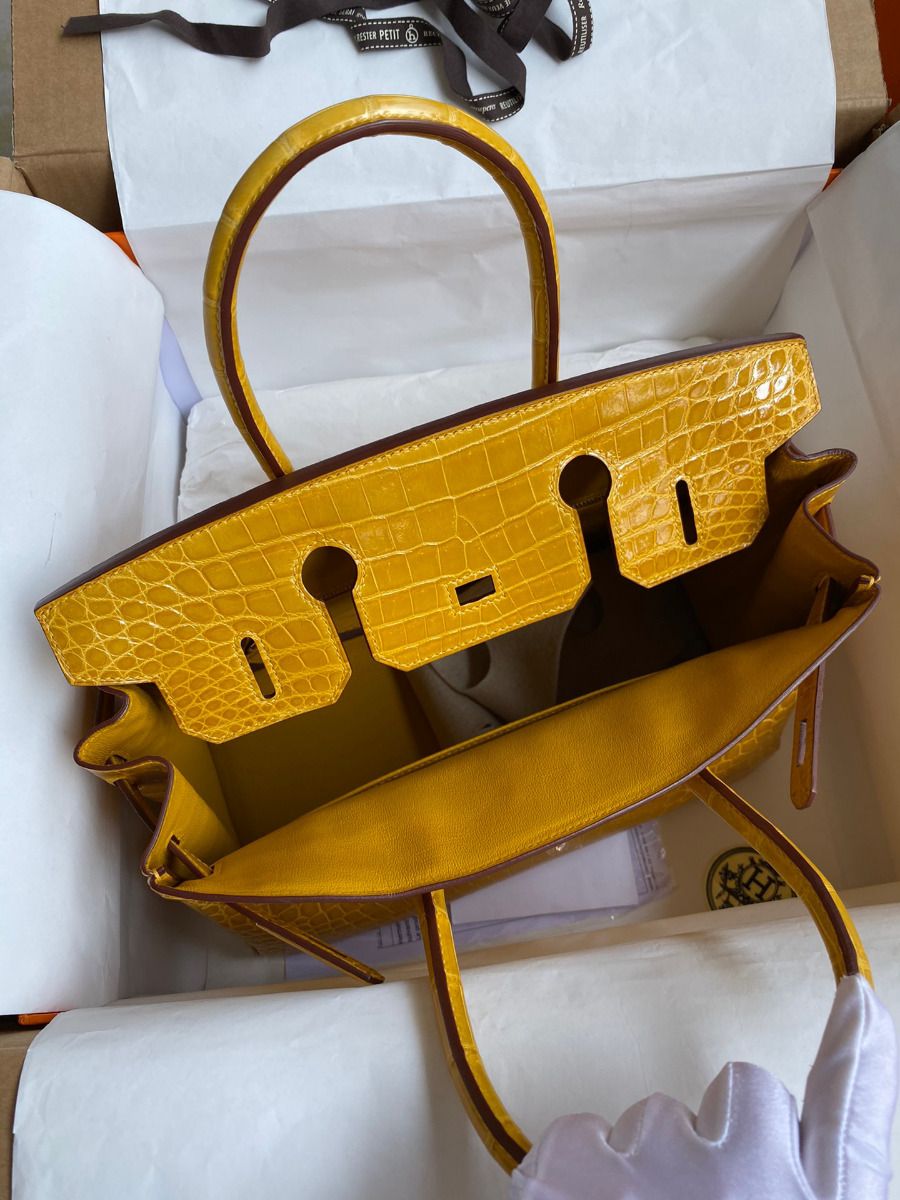 Hermes Birkin 30 Handmade Bag In Jaune Ambre Crocodile Niloticus Shiny Skin - Image 8
