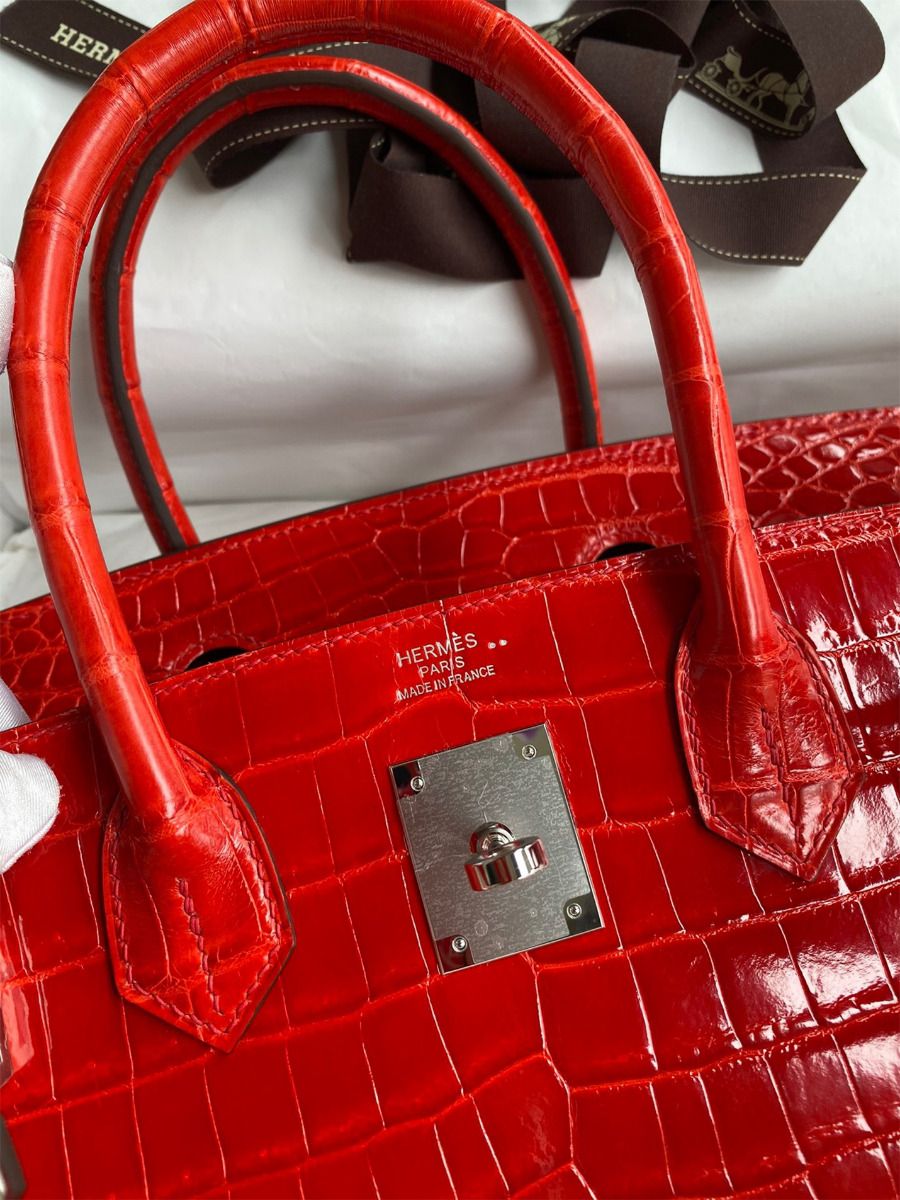 Hermes Birkin 30 Handmade Bag In Red Crocodile Niloticus Shiny Skin - Image 7