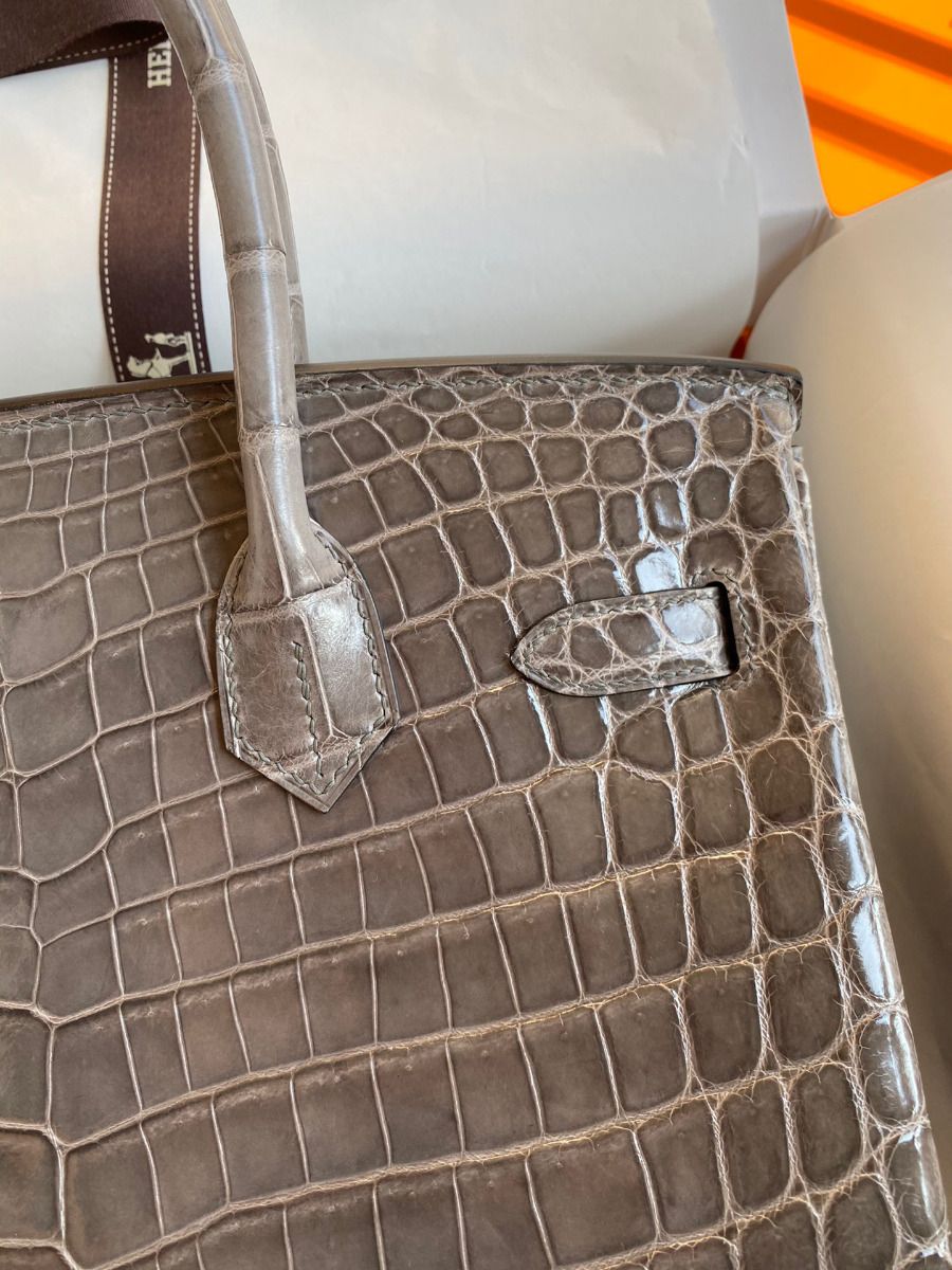 Hermes Birkin 30 Handmade Bag In Gris Tourterelle Crocodile Niloticus Shiny Skin - Image 5