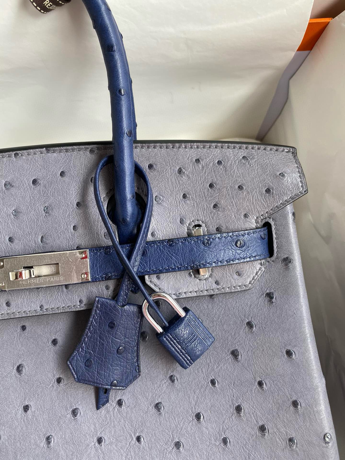 Hermes HSS Birkin 30 Bicolor Bag in Gris Agate and Blue Iris Ostrich Leather - Image 4