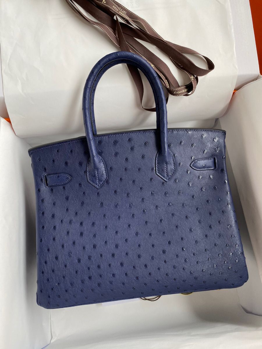 Hermes Birkin 30 Retourne Handmade Bag In Blue Iris Ostrich Leather - Image 3
