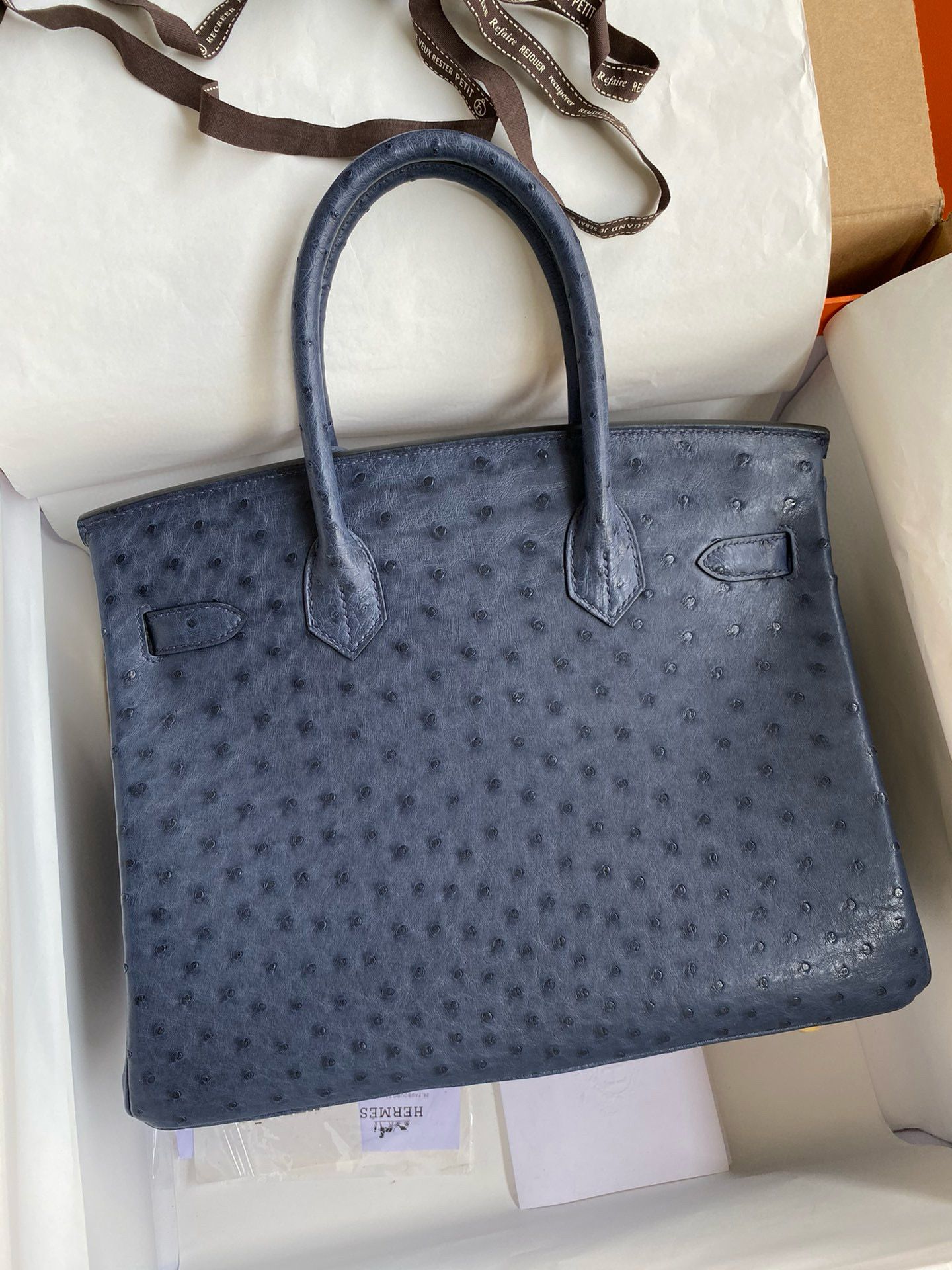 Hermes Birkin 30 Retourne Handmade Bag In Blue de Malte Ostrich Leather - Image 3