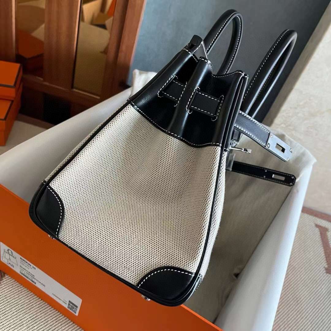 Hermes Birkin 30 Handmade Bag in Toile & Black Box Calfskin - Image 7