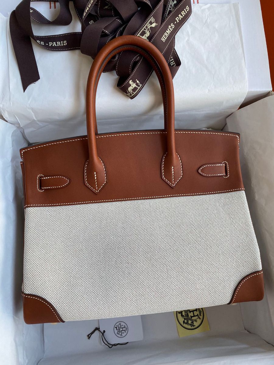 Hermes Birkin 30 Handmade Bag In Toile & Gold Swift Leather - Image 3