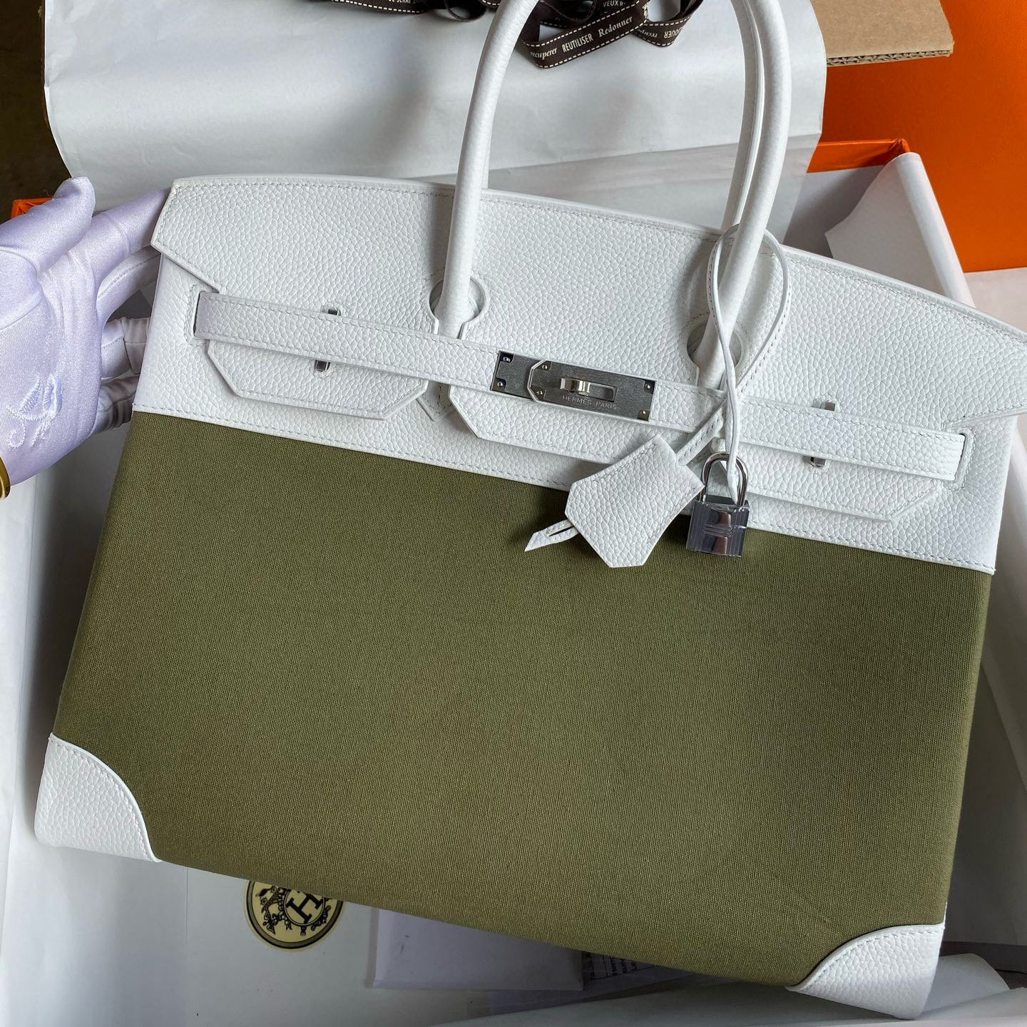 Hermes Birkin 35 Handmade Bag in Green Toile & White Clemence Leather