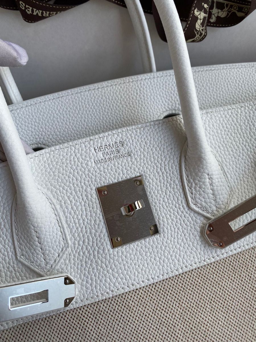 Hermes Birkin 35 Handmade Bag In Toile & White Clemence Leather - Image 7