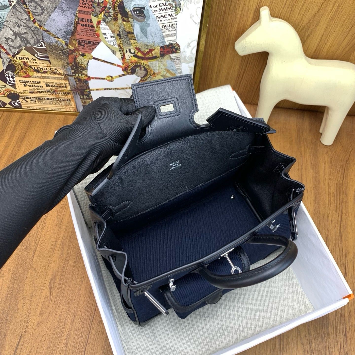 Hermes Birkin Cargo 25 Bag in Blue Toile and Black Swift Leather - Image 6