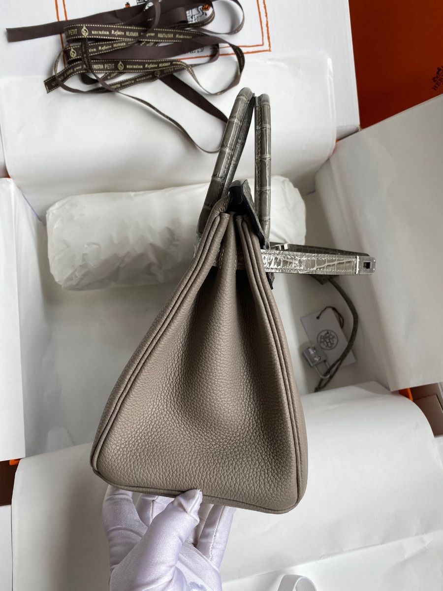 Hermes Touch Birkin 25 Bag In Gris Asphalt Shiny Niloticus Crocodile Skin - Image 5
