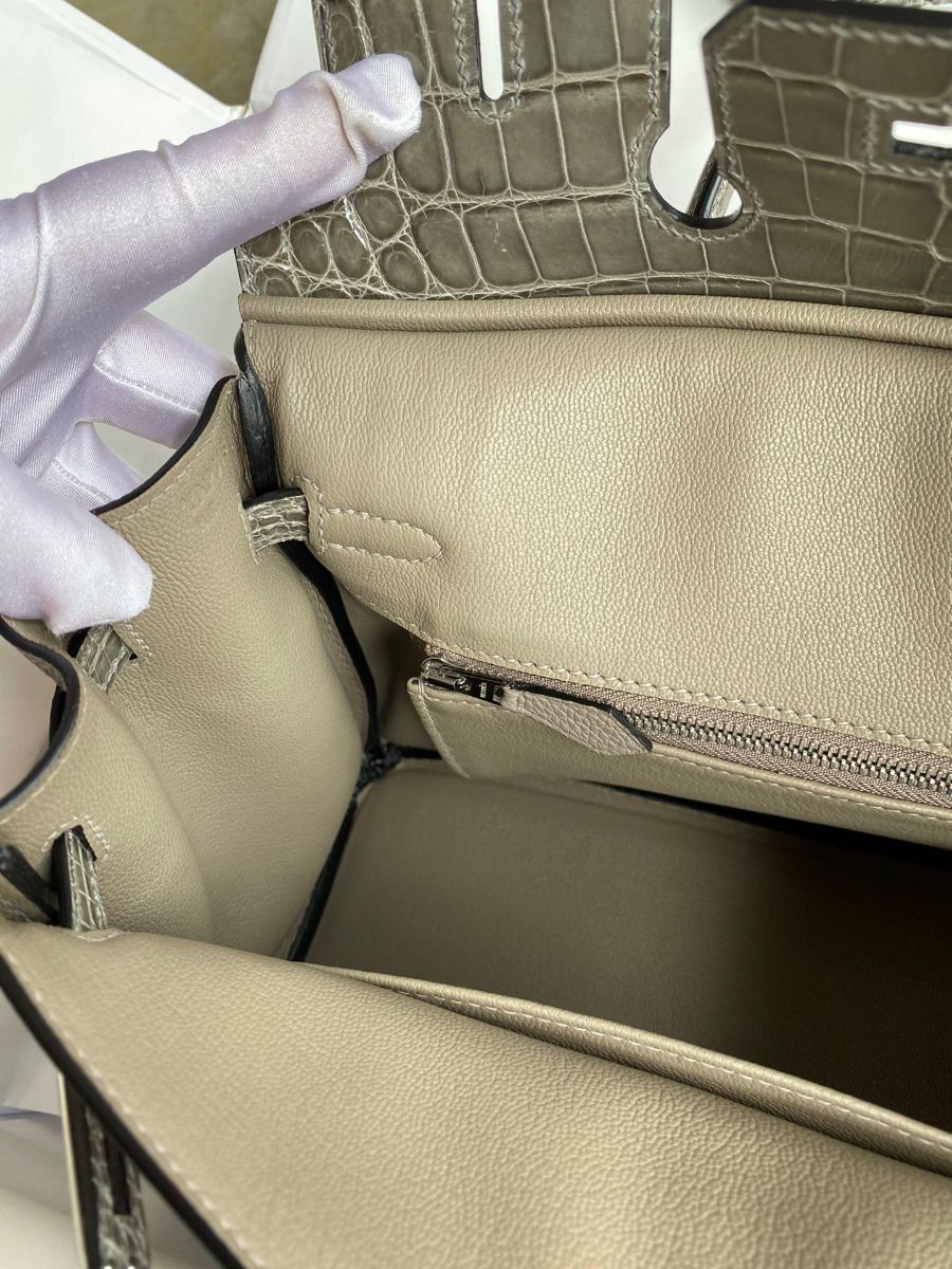 Hermes Touch Birkin 25 Bag In Gris Asphalt Shiny Niloticus Crocodile Skin - Image 8