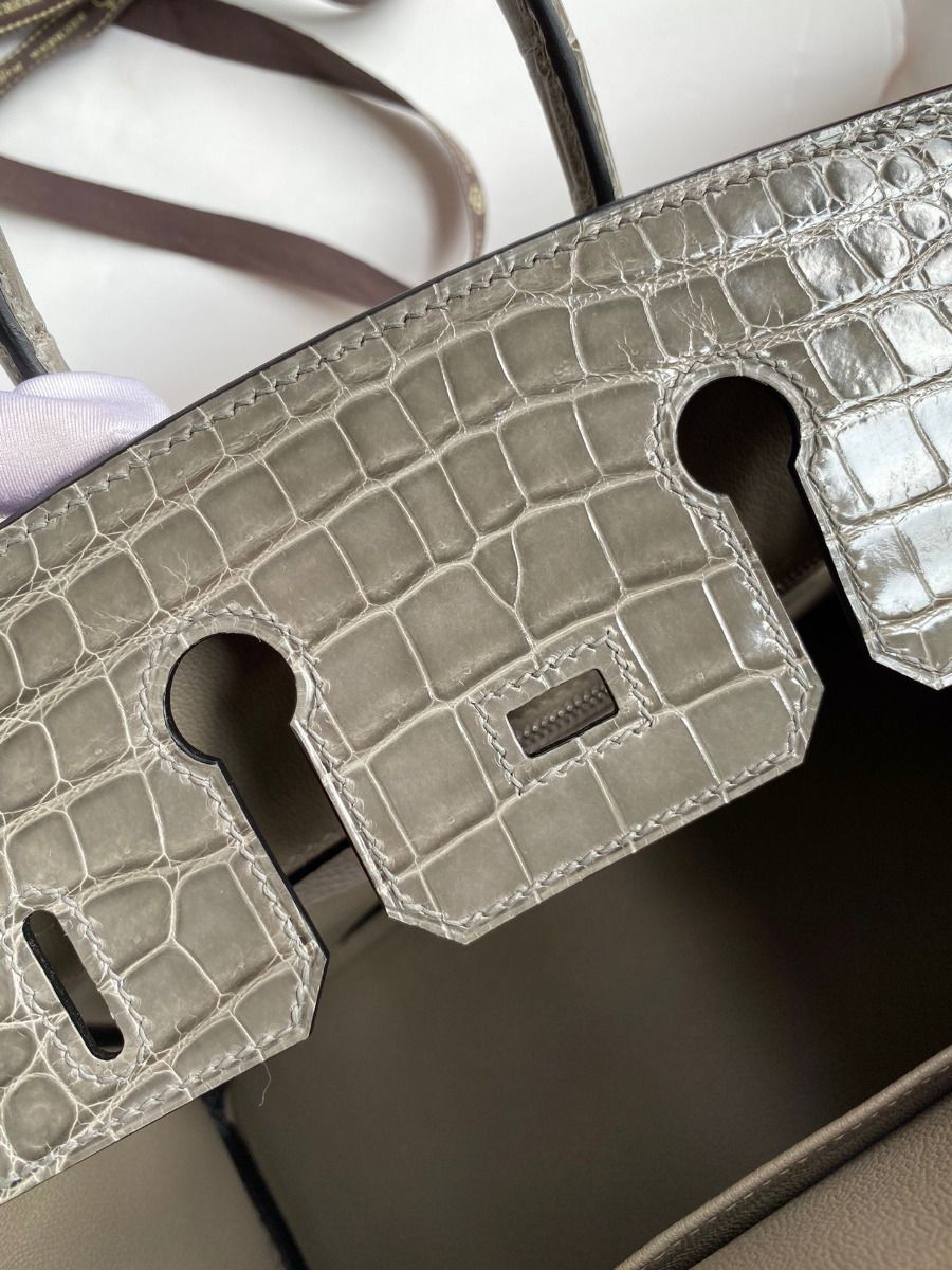 Hermes Touch Birkin 25 Bag In Gris Asphalt Shiny Niloticus Crocodile Skin - Image 9