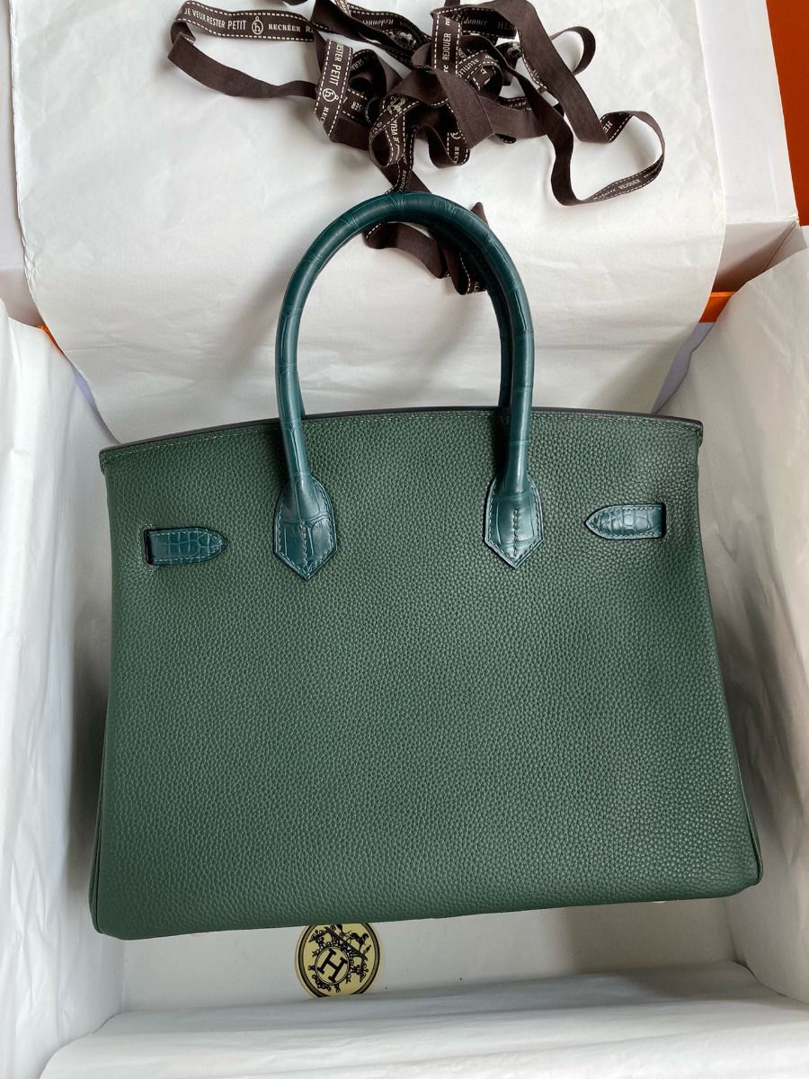 Hermes Touch Birkin 30 Bag in Green Clemence and Matte Alligator Leather - Image 3