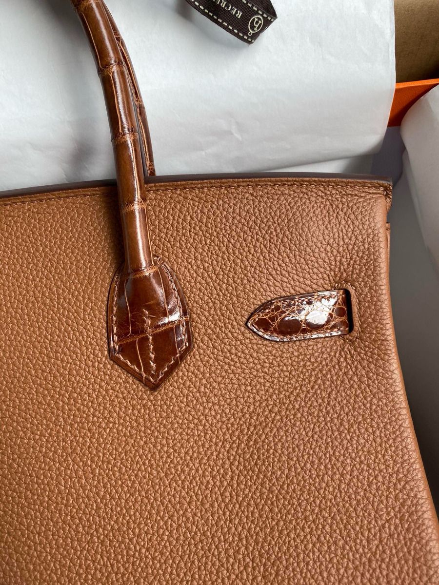 Hermes Touch Birkin 30 Bag In Gold Clemence and Shiny Niloticus Crocodile Skin - Image 5