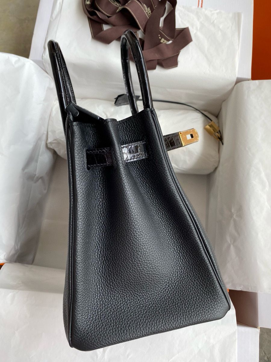 Hermes Touch Birkin 30 Bag In Black Clemence and Shiny Niloticus Crocodile Skin - Image 6