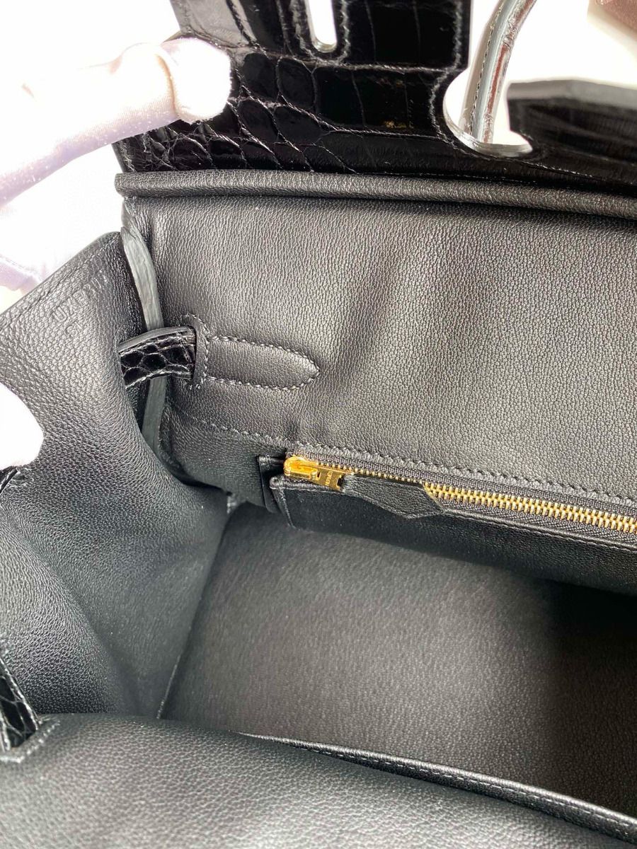 Hermes Touch Birkin 30 Bag In Black Clemence and Shiny Niloticus Crocodile Skin - Image 9