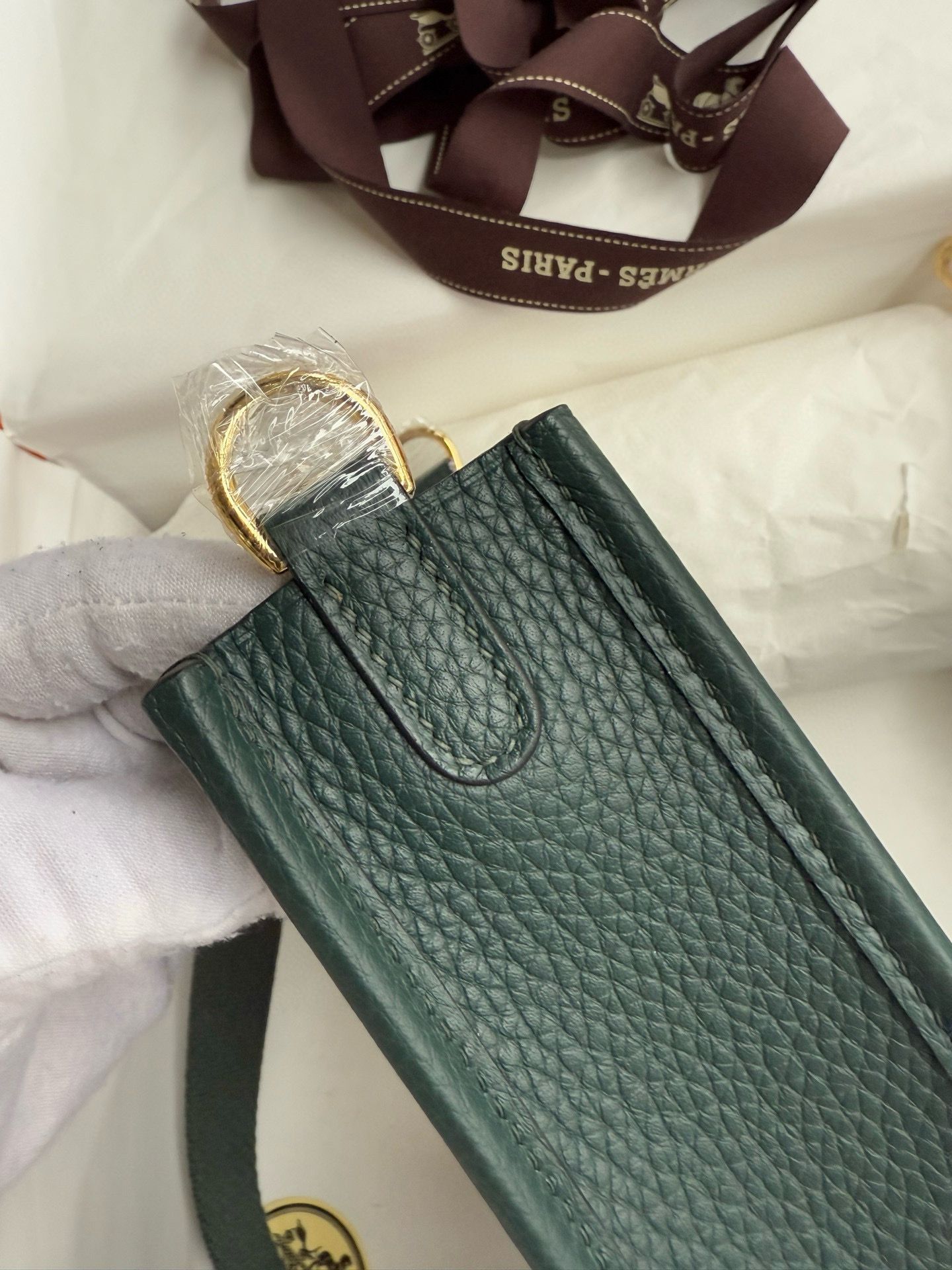 Hermes Evelyne Mini Handmade Bag in Vert Cypres Clemence Leather - Image 5