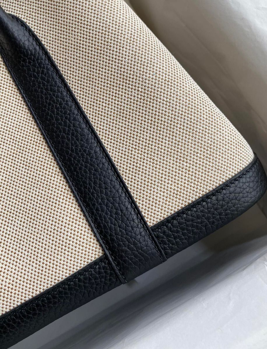 Hermes Garden Party 30 Handmade Bag in Toile and Black Leather - Image 5