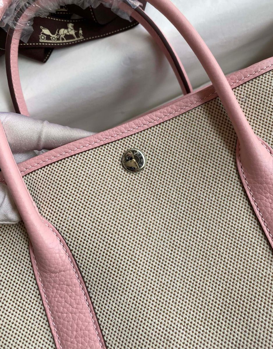 Hermes Garden Party 30 Handmade Bag in Toile and Pink Leather - Image 4
