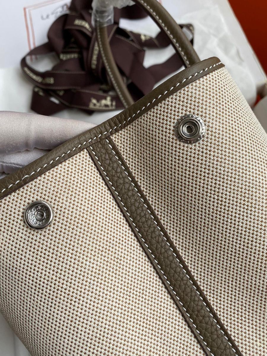 Hermes Garden Party 30 Handmade Bag in Toile and Taupe Leather - Image 6