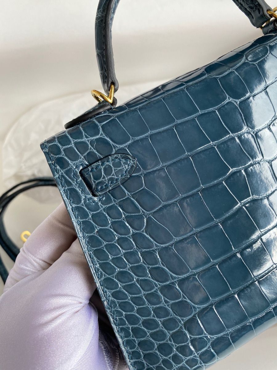 Hermes Kelly Mini II Sellier Handmade Bag In Blue Jean Shiny Alligator Leather - Image 5