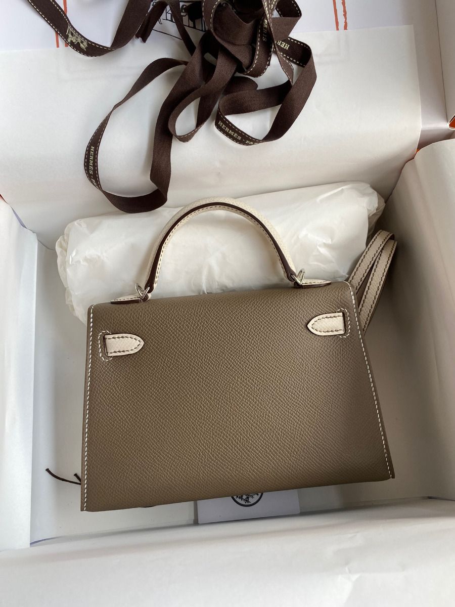 Hermes Kelly Mini II Sellier Bicolor Handmade Bag in Taupe and Craie Epsom Calfskin - Image 3