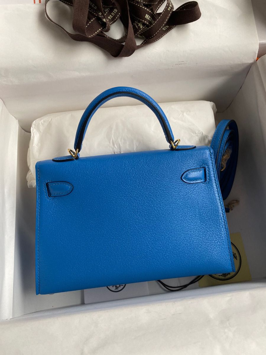 Hermes Kelly Mini II Sellier Handmade Bag In Blue Hydra Chevre Mysore Leather - Image 3