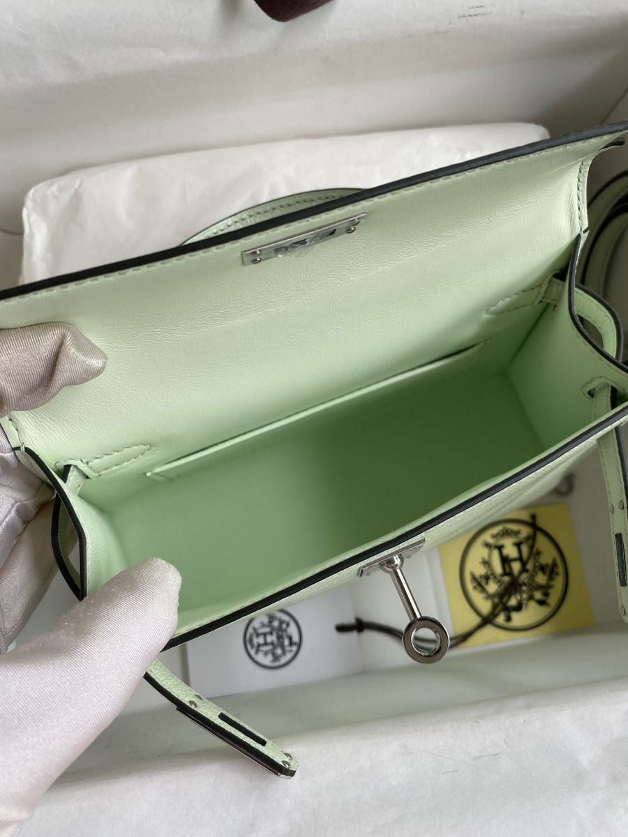 Hermes Kelly Mini II Sellier Handmade Bag In Vert Fizz Chevre Mysore Leather - Image 8