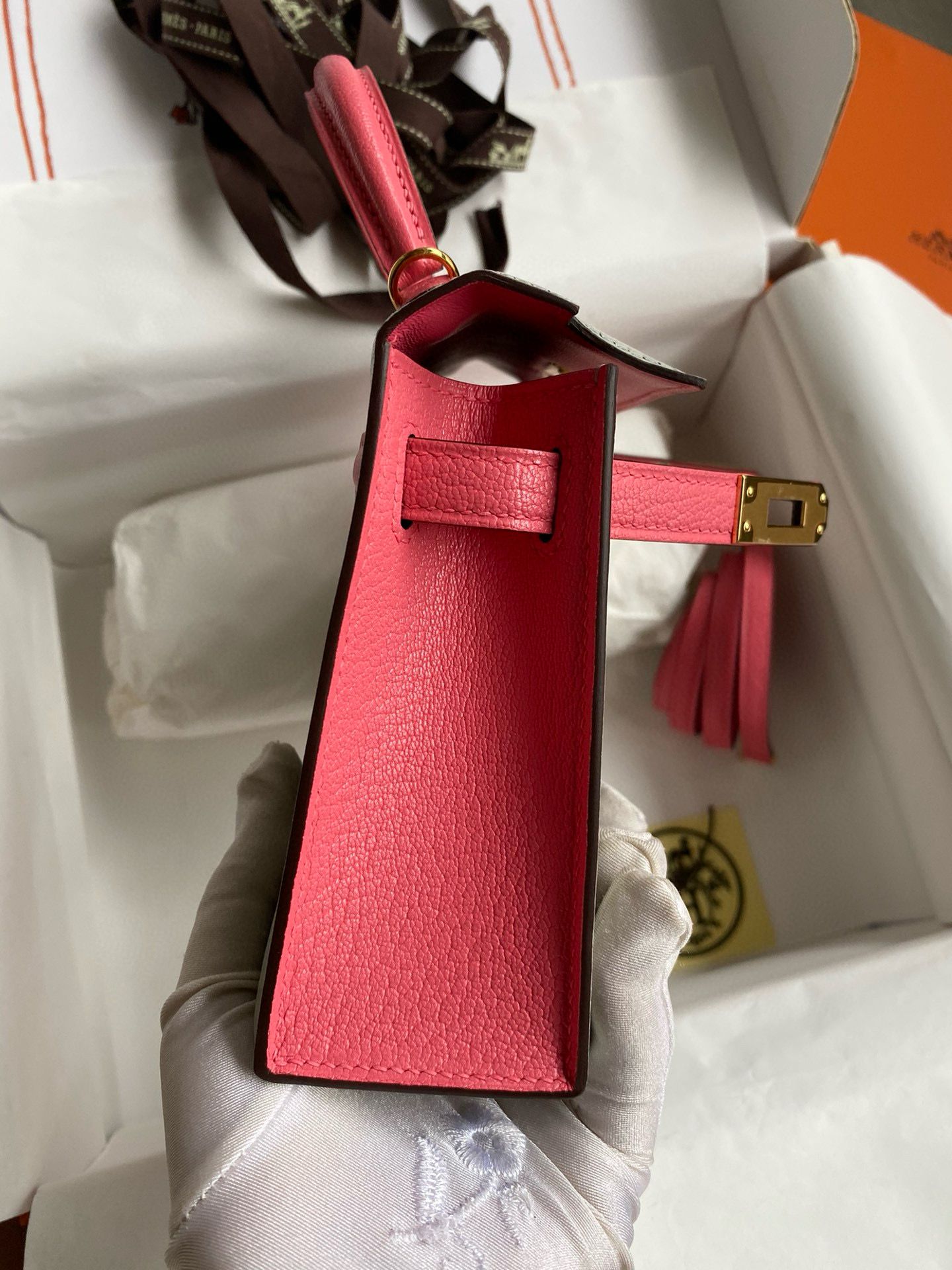 Hermes Kelly Mini II Sellier Bicolor Handmade Bag in Pearl Grey and Rose Azalee Chevre Mysore Leather - Image 7