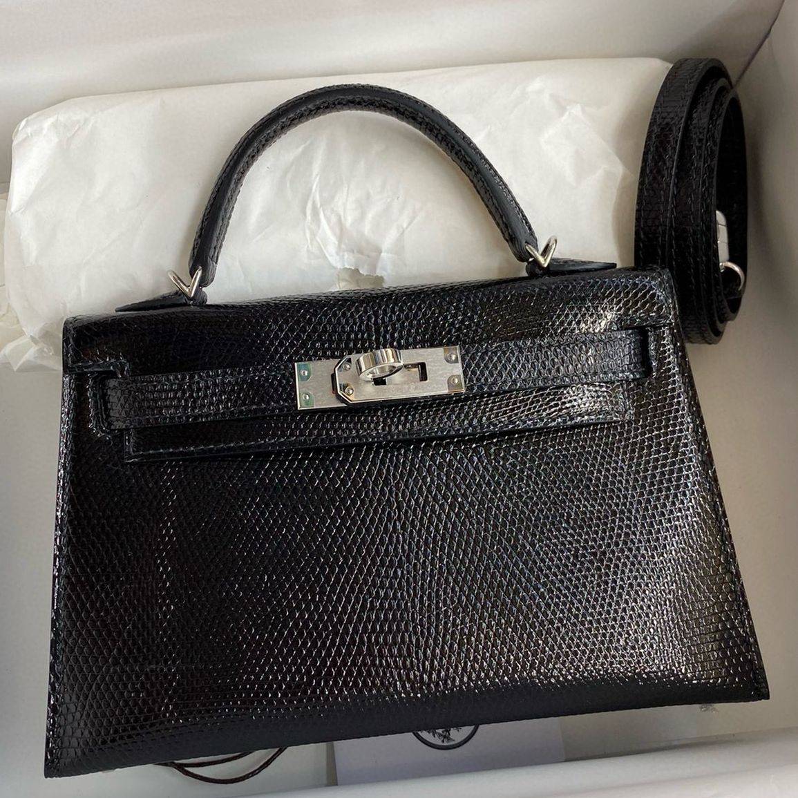 Hermes Kelly Mini II Sellier Handmade Bag in Black Lizard Leather
