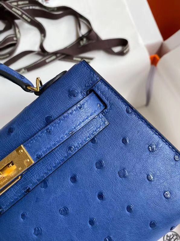 Hermes Kelly Mini II Handmade Bag In Blue Electric Ostrich Leather - Image 5