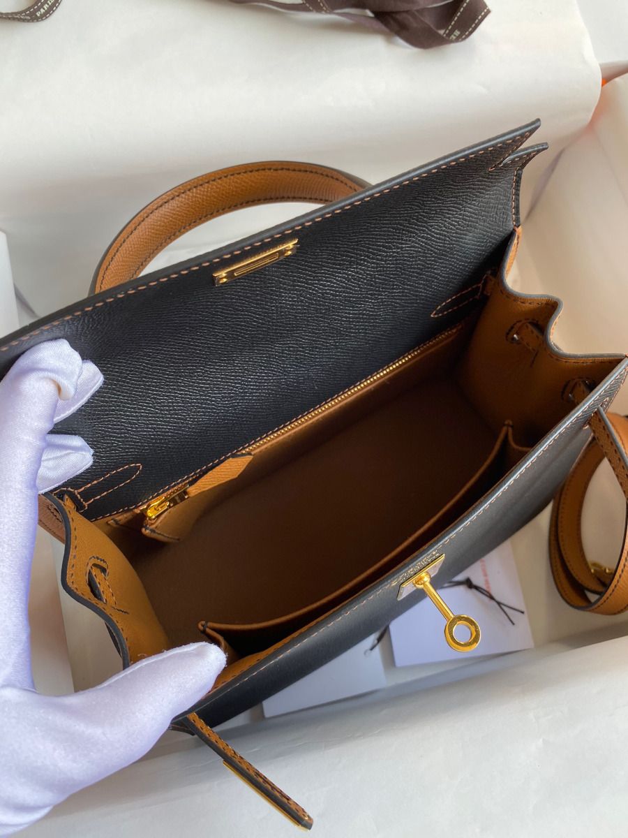 Hermes Kelly Sellier 25 Bicolor Bag in Black and Gold Epsom Calfskin - Image 8