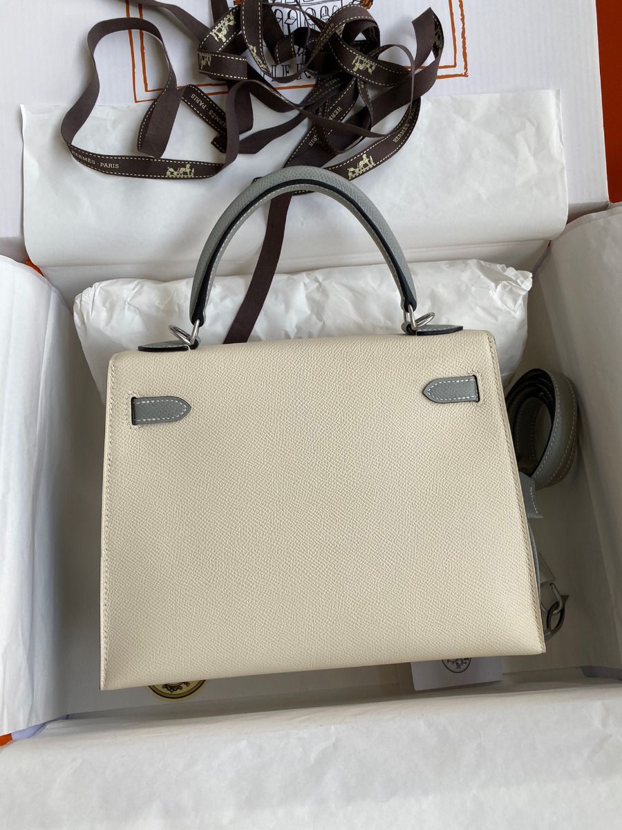 Hermes Kelly Sellier 25 Bicolor Bag in Craie and Gris Mouette Epsom Calfskin - Image 3