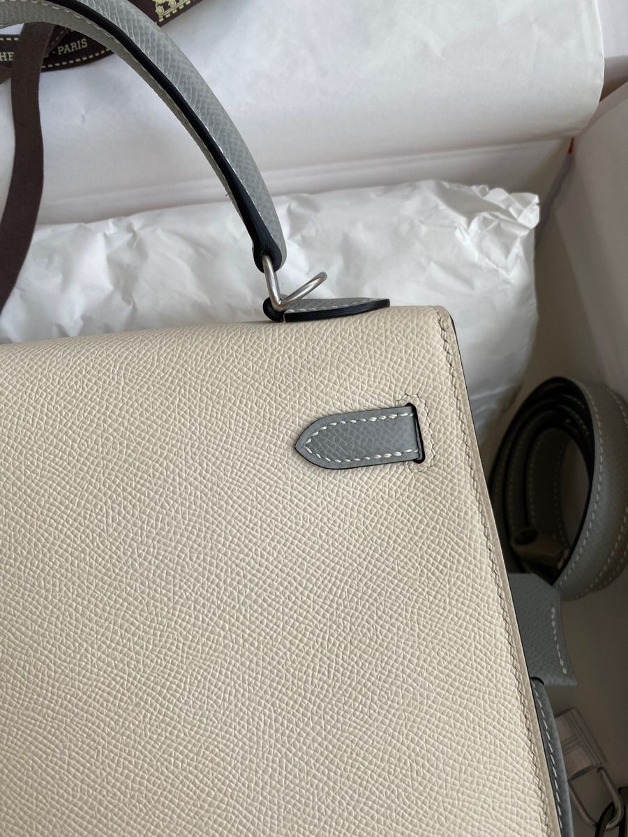 Hermes Kelly Sellier 25 Bicolor Bag in Craie and Gris Mouette Epsom Calfskin - Image 5