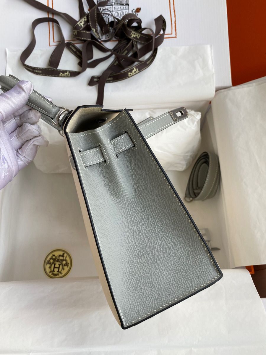 Hermes Kelly Sellier 25 Bicolor Bag in Craie and Gris Mouette Epsom Calfskin - Image 6